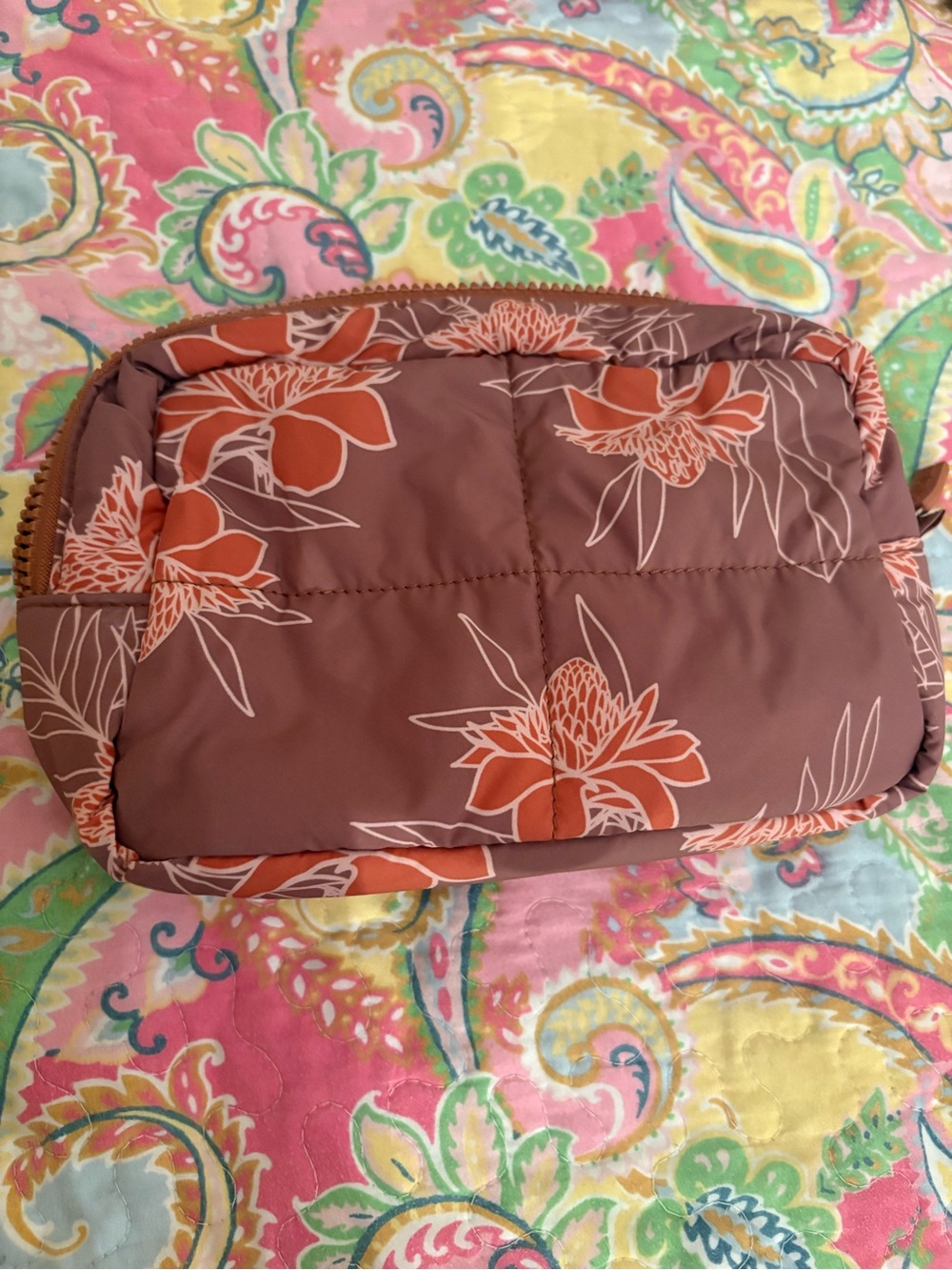 Fighting Eel Quilted Cosmetic Pouch - Mauve with Terracotta Floral